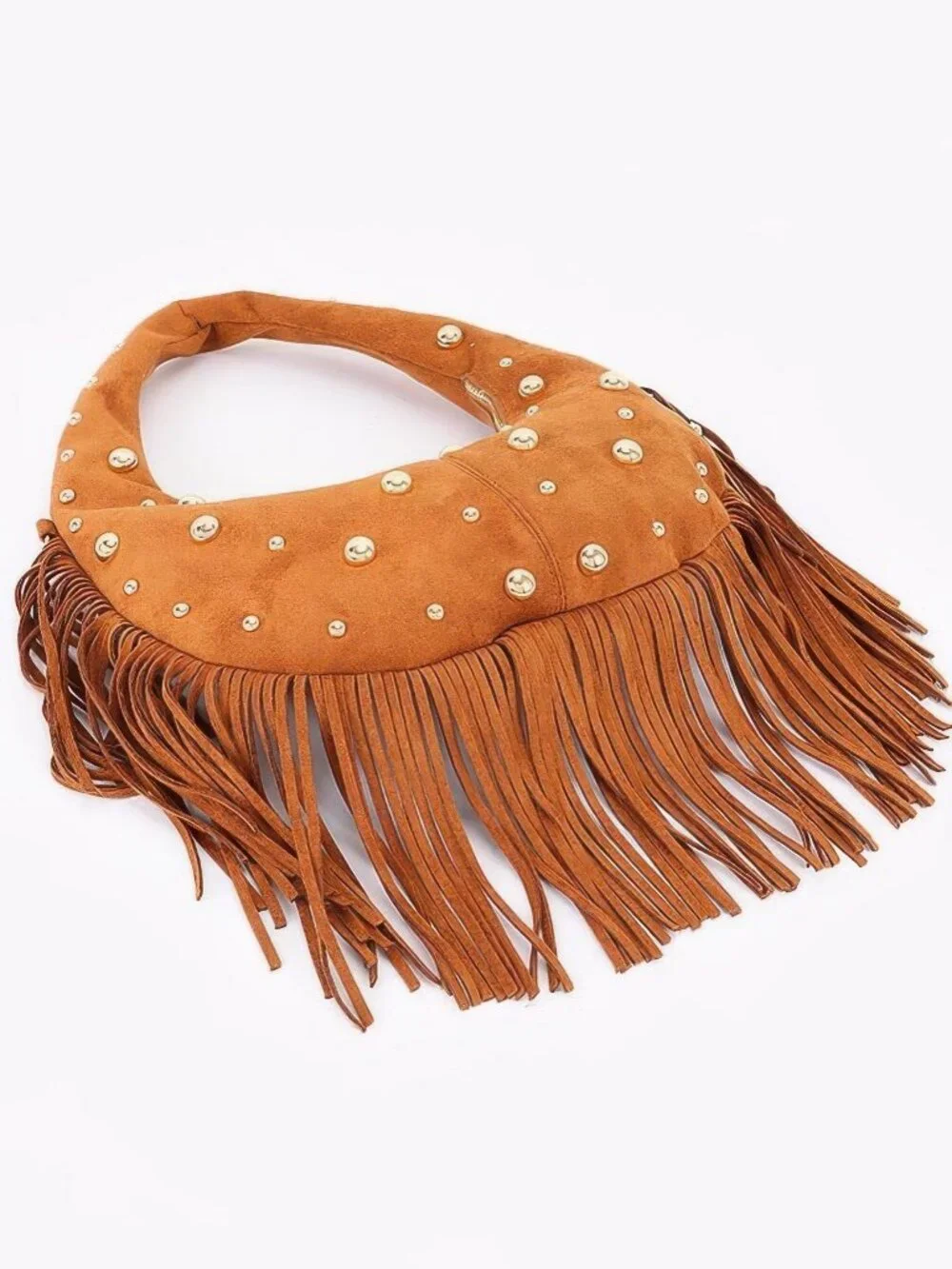 Faux Suede Metal Studded Fringe Hobo Bag